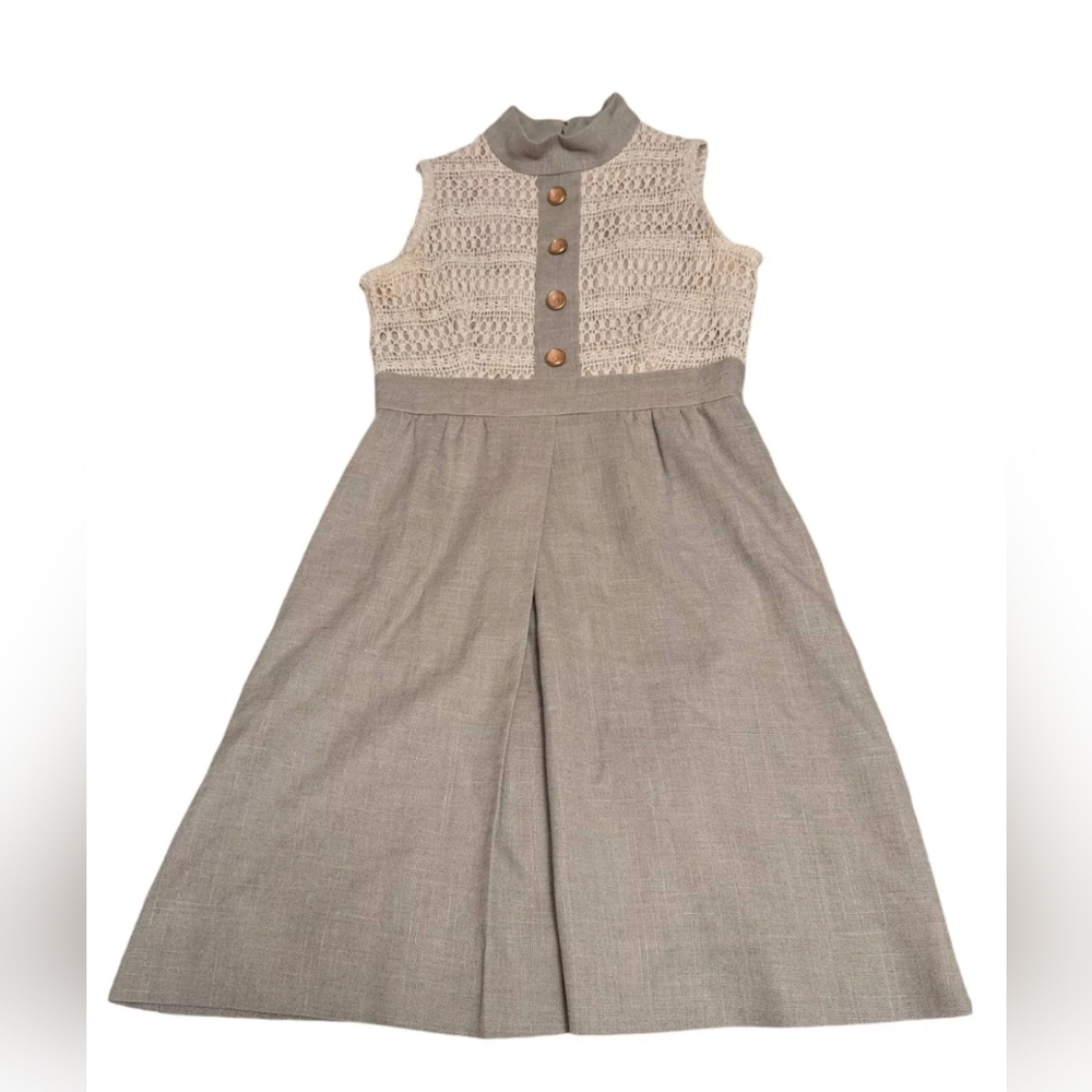 Vtg 50s 60s Peck & Peck 5th Ave NY Tan Gray Crochet Linen Sheath Dress Size 4